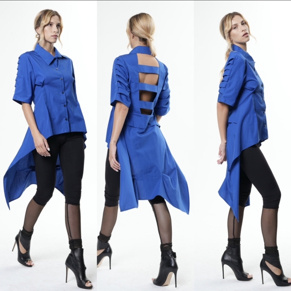 Metamorphoza Asymmetric Shirt With Open Back In Royal Blue Size Large 10